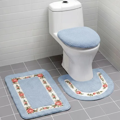 Vista 2 de Drydiet Juego de 3 alfombras de baño con rosas y flores, decoración de habitación, alfombra de baño floral en forma de U, antideslizante, Azul