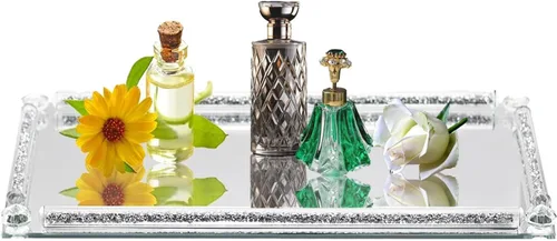 Vista 9 de Bandeja de cristal dorado, 11.8 x 7.9 pulgadas, bandeja decorativa de cristal para exhibición de perfumes cosméticos para una hermosa encimera