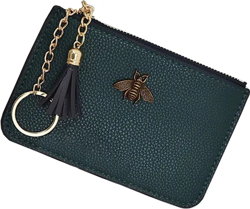 Vista 9 de Monedero de cuero para mujer con llavero, cartera de cambio, tarjetero con borla y cremallera, Negro, Pequeño, Minimalista
