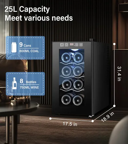Vista 3 de Mini enfriador de vino de 8 botellas, refrigerador de bebidas con enfriamiento rápido, gabinete de vino termoeléctrico bodega para mujeres, hombres