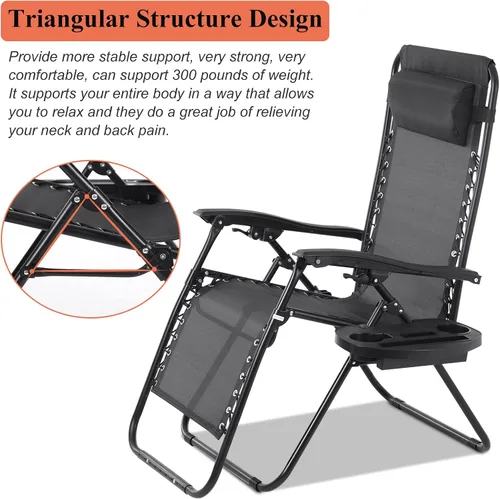 Vista 10 de Silla de gravedad cero plegable, silla de césped, silla reclinable ajustable para acampar con bandejas para almohada y soporte para tazas, silla