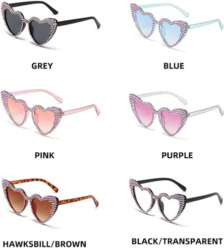 Vista 4 de mincl Lindas gafas de sol de corazón para mujer, gafas de sol brillantes con diamantes de imitación poligonales, protección UV