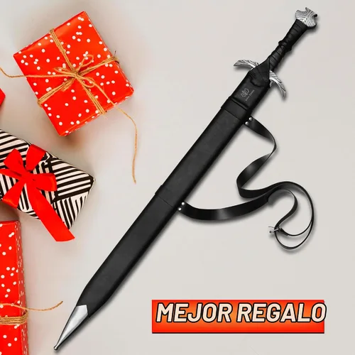 Vista 4 de Espada medieval de doble filo, hoja de acero inoxidable, espada de armado real para adultos, agarre de cuero con vaina