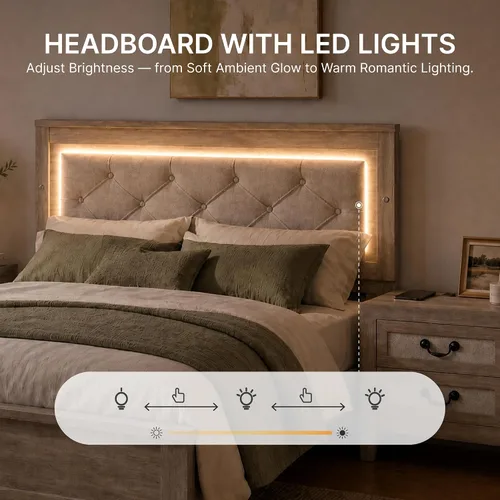 Vista 4 de KISLOT Base de cama LED tapizada con juego de mesitas de noche, color crema