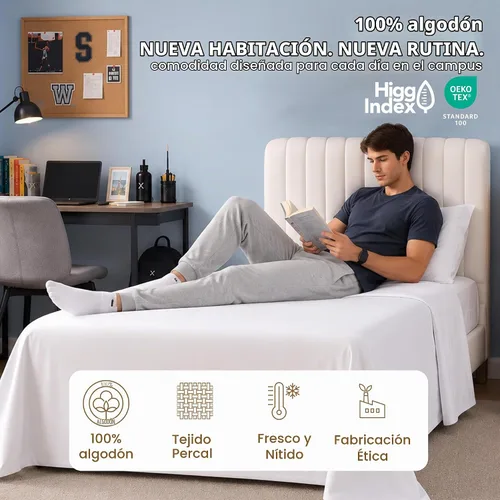 Vista 2 de SUPREME ELEGANCE Juego de sábanas de cama individual 100% algodón - Blanco ártico, ropa de cama de percal de 3 piezas, sábanas transpirables frescas