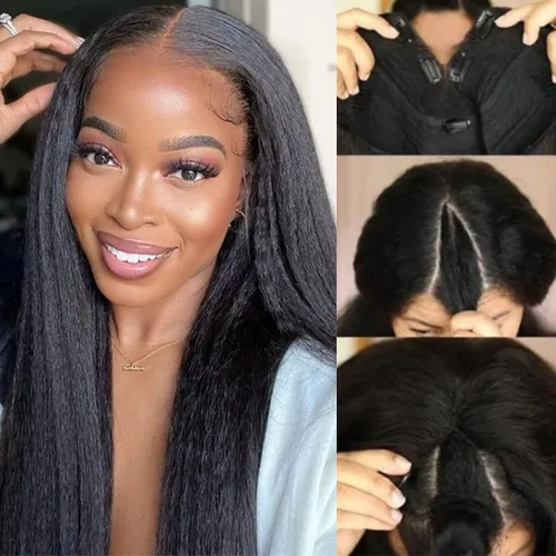 Vista 16 de Nadula Pelucas de cabello humano lacio Yaki sin pegamento con encaje frontal de 7 x 5 pulgadas, nudos invisibles, predepilados, pretodo, 3S, listo