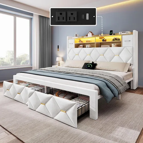 Vista 15 de YITAHOME Cama tapizada de terciopelo blanco tamaño King con carga
