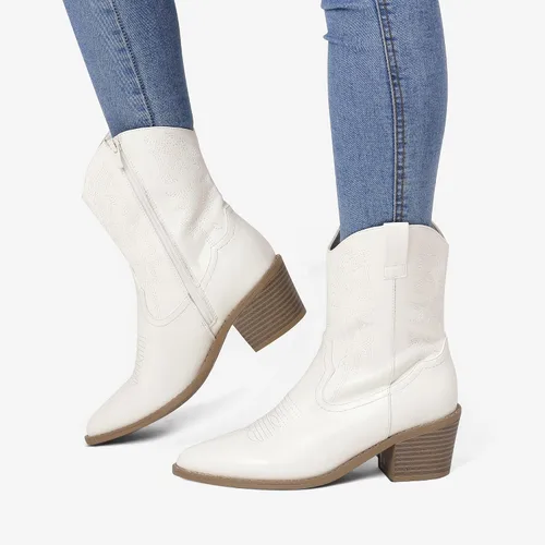 Vista 5 de DREAM PAIRS Botas vaqueras para mujer, puntera puntiaguda, tacón grueso, botas vaqueras con cierre de cremallera, botas occidentales cosidas