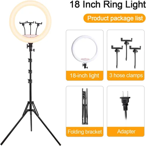 Vista 7 de Anillo de luz de 18 pulgadas con soporte de trípode, luz circular LED regulable de 58 W 5500 K para TikTok/Live Stream/Maquillaje/YouTube con bolsa
