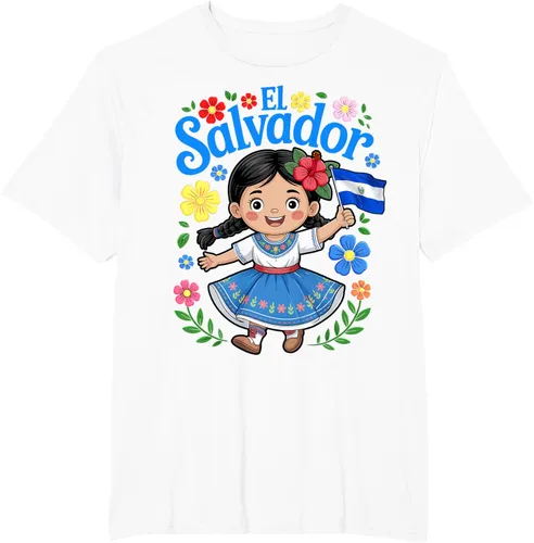 Vista 10 de Camiseta de estilo tradicional floral para niña con la bandera de El Salvador