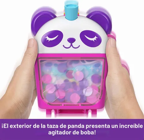 Vista 3 de Conjunto de juego de Polly Pocket con 2 muñecas micro y accesorios de comida, juguete compacto de animal Panda de té de burbujas
