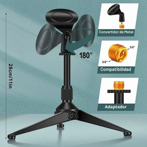 Vista 2 de Paquete de 3 soportes de micrófono de escritorio portátil plegable con soporte de clip para micrófono, altura ajustable, soporte de micrófono
