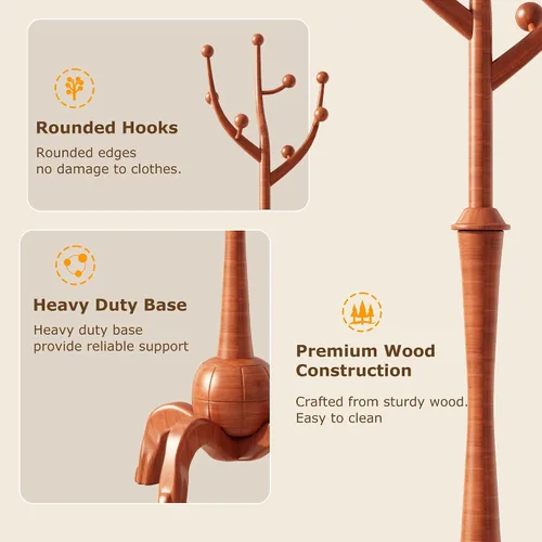 Vista 4 de Perchero independiente de madera con 8 ganchos de madera para sombrero, abrigo de árbol con base de esfera resistente y ganchos de ramas de árbol