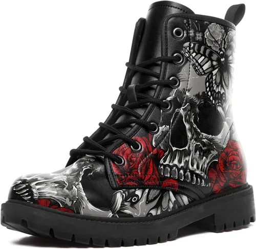 Vista 11 de Botas de combate negras personalizadas para mujer, con lazada, estilo cráneo y rosa, botas de tacón grueso y plataforma de cuero