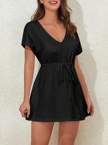 Vista 2 de B2prity Vestido de playa para cubrir el traje de baño para mujer, con abertura lateral, con cordón y cuello en V Negro