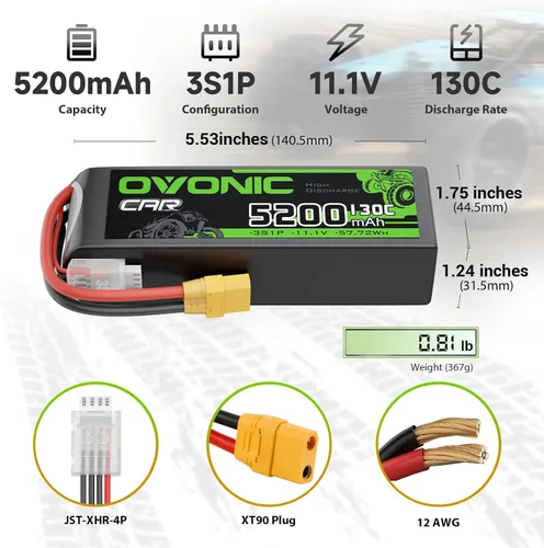 Vista 2 de OVONIC 3S LiPo Batería 5200mAh 11.1V 130C RC Batería con conector XT90