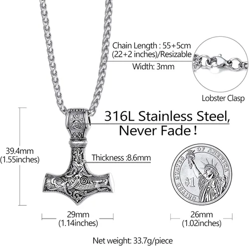 Vista 5 de Richsteel Necklaces for Men Womens Thor's Hammer Pendant Mjolnir 316 Stainless Steel18K Gold PlatedBlack Viking Nordic Jewelry