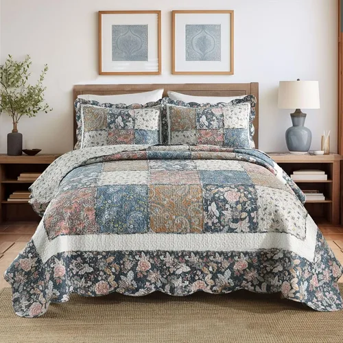 Vista 11 de ABREEZE Juego de edredón de retazos, ropa de cama tamaño Queen, reversible, transpirable, colorido, colcha acolchada floral con fundas de almohada