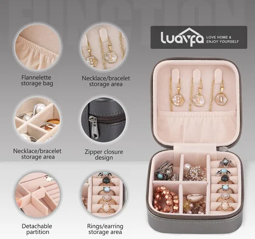 Vista 2 de LUAVFA Caja de joyería de viaje, estuche de almacenamiento con piel sintética, pequeño organizador de joyas para anillos, aretes, collar (negro)
