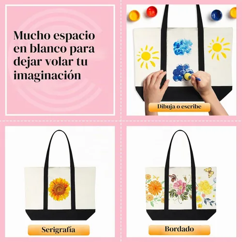 Vista 4 de Sherr Bolsa de lona a granel con bolsillo exterior, 21 pulgadas, bolsas de playa grandes de algodón con cremallera, bolsas de compras lavables