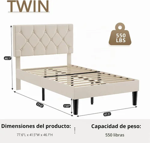 Vista 2 de VECELO Twin Bed Frame with Upholstered Tufted Headboard, Beige
