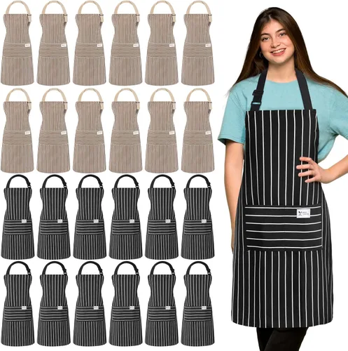 Vista 10 de Janmercy 24 delantales para mujeres y hombres con 2 bolsillos, delantal de cocina de lino, delantal ajustable para chef, delantales a granel unisex