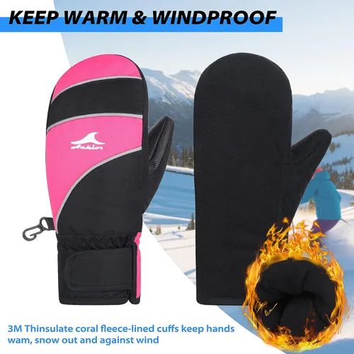 Vista 4 de Achiou Guantes de esquí para niños, guantes de nieve impermeables de invierno para niños, guantes de snowboard cálidos para pantalla táctil