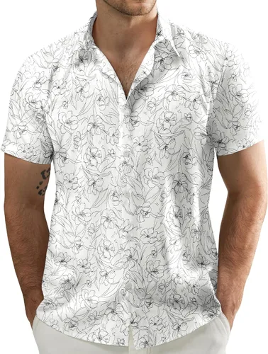 Vista 12 de JOGAL - Camisa hawaiana de Aloha para hombre, manga corta, diseño de flores Negro Blanco Línea