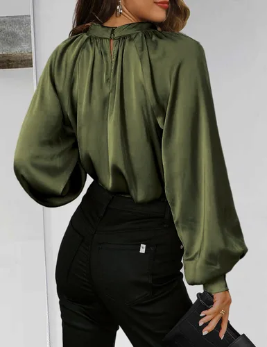 Vista 4 de LYHNMW Blusas de seda satinada para mujer, con cuello en V, manga larga, holgadas, blusas de verano, blusas casuales