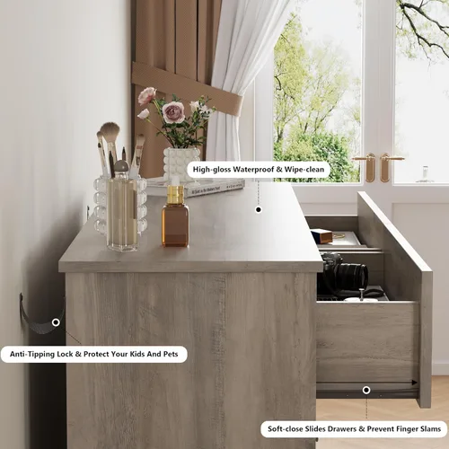 Vista 4 de Cómoda para dormitorio, cómoda de 46.5 pulgadas para armario con 6 Gris madera