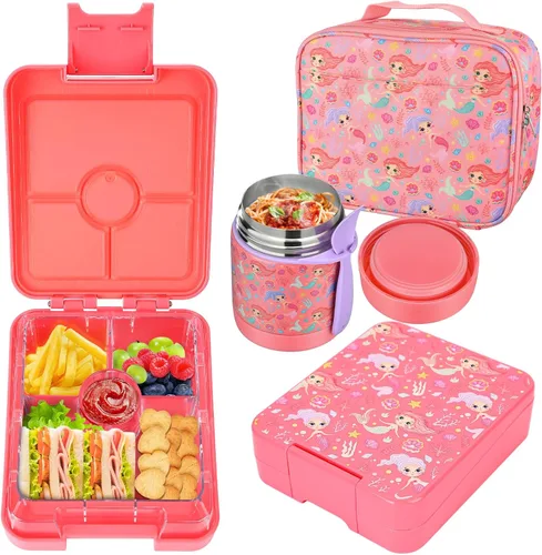 Vista 9 de Lonchera Bento para niños con termo de sopa de 10 onzas, recipientes de almuerzo a prueba de fugas con 4 compartimentos, tarro térmico