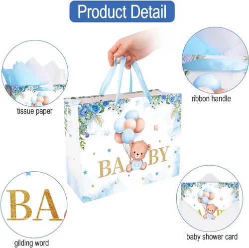 Vista 4 de Plauthus Bolsas de regalo grandes para bebé de 13 pulgadas con papel de seda y tarjeta de felicitación (oso de balón y floral), bolsas de regalo