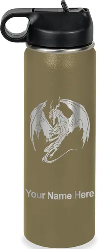 Vista 44 de LaserGram Botella de agua con tapa abatible de doble pared de 12 onzas con pajilla, dragón, grabado personalizado incluido (negro)