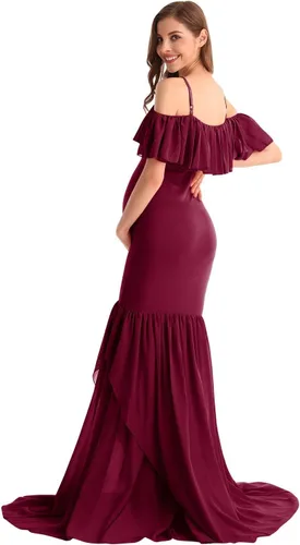 Vista 24 de MYRISAM Vestido de maternidad con volantes y hombros descubiertos para mujer, vestido de fiesta de sirena de gasa, vestido ajustado