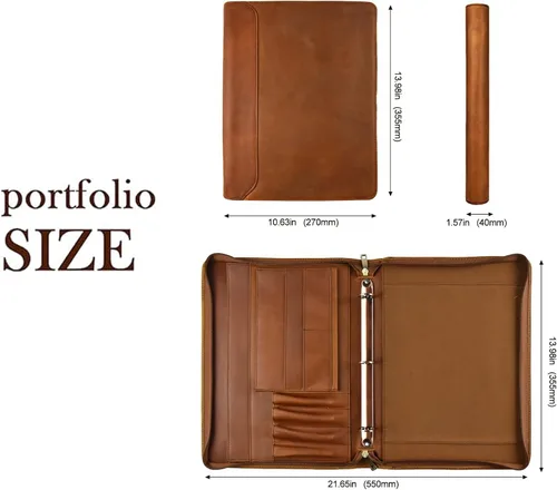 Vista 5 de Portafolio Personalizado de Cuero con Nombre Grabado, Organizador de Negocios Profesional con Cremallera para Hombres, Carpeta de Anillas