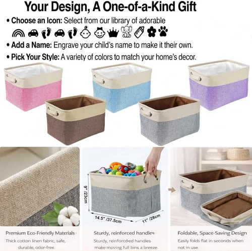 Vista 6 de Cesta de almacenamiento de juguetes personalizada para niños con nombre, cajas organizadoras de almacenamiento de juguetes personalizadas