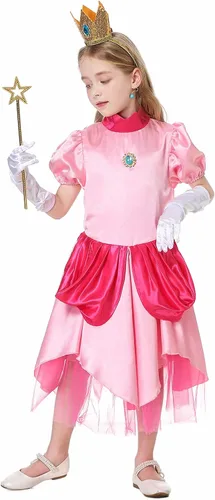 Vista 7 de Antbutler Disfraz de melocotón para niñas, vestido de durazno de súper princesa, disfraz de Halloween con corona de accesorios