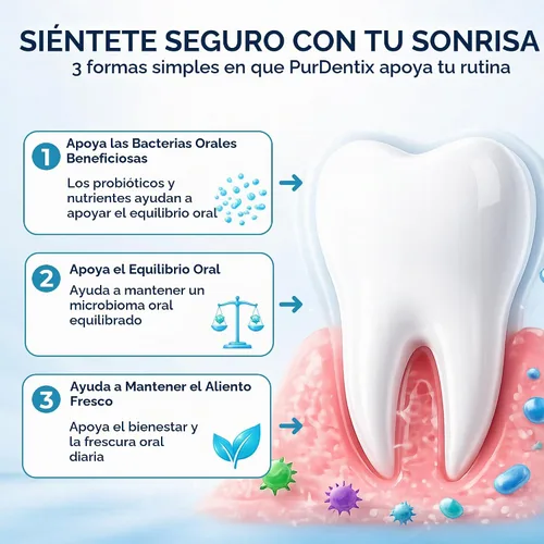 Vista 6 de PurDentix Probiótico para la salud oral, fórmula de 4 cepas para encías, dientes y aliento fresco saludables, 30 tabletas masticables