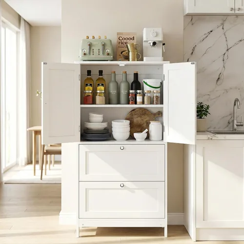 Vista 6 de ZenStyle Armario de almacenamiento de piso de baño, organizador de cocina con 2 cajones y 2 puertas, estante ajustable de 5 alturas independientes