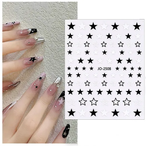 Vista 6 de CHANGAR Starlight - 6 hojas de calcomanías de uñas con lazo de estrella blanca y negra, suministros para mujeres y niñas, accesorios de manicura