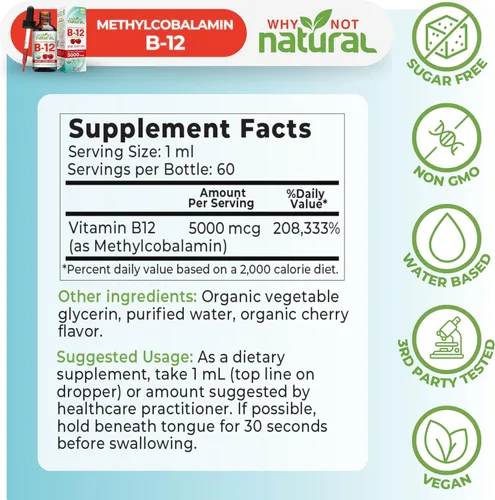 Vista 5 de Why Not Natural Líquido orgánico de vitamina B12 – Sublingual Extra Strength 60 x 5000 mcg gotas de metilcobalamina, vegano, maximiza la absorción