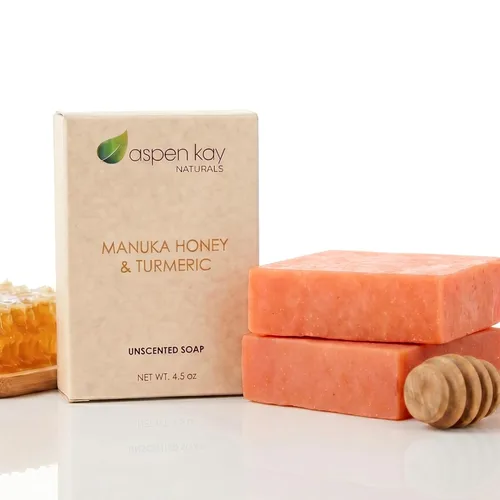 Vista 10 de Aspen Kay Naturals Barra de jabón de miel y cúrcuma de Manuka para cuerpo y cara, jabón facial de cúrcuma natural con aloe vera orgánico, manteca