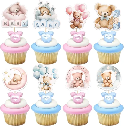 Vista 14 de Rsstarxi Paquete de 24 Adornos para Cupcakes We Can Bearly Wait con Purpurina de Oso para Baby Shower, Palillos Decorativos para Cupcakes