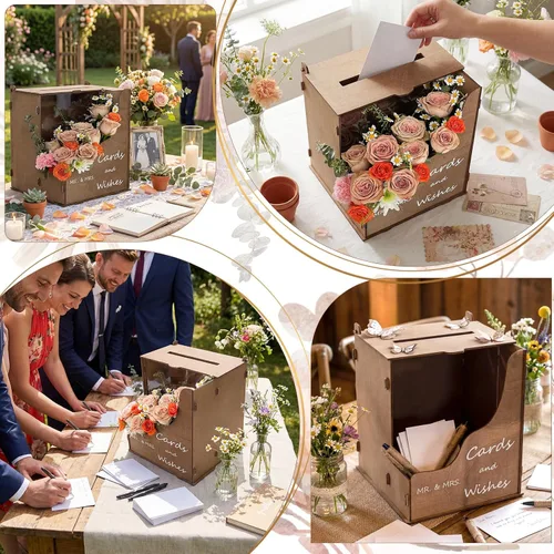 Vista 8 de OurWarm Caja de tarjetas de boda de madera con canal de flores onduladas, cajas de tarjetas de boda rústicas de color marrón para recepción
