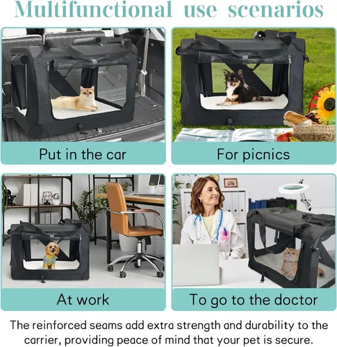 Vista 6 de Fhiny Transportador grande para gatos 2 gatos, 24 x 17 x 17 pulgadas, suave jaula para perros, plegable, portátil, bolsa de transporte para Negro