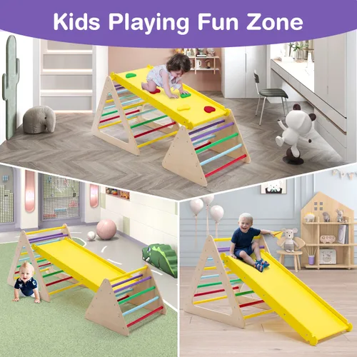 Vista 3 de Wonline Escalador triangular 3 en 1 con rampa de madera para niños pequeños, triángulo de escalada para deslizarse y escalar, juego de 3 piezas
