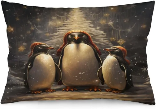Vista 32 de Fundas de almohada con diseño de pingüinos de Navidad de 12 x 20 pulgadas, diseño de pingüinos en acuarela de Navidad, fundas de almohada