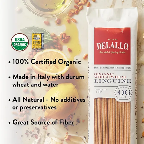 Vista 4 de DeLallo Pasta Linguine de trigo entero, bolsa de 1 libra, (paquete de 8), 100% orgánica, fideos integrales, hecha con trigo duro entero, corte