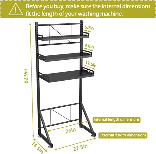 Vista 3 de Estante de almacenamiento para lavadora de 3 niveles de altura ajustable, organizador de almacenamiento grande para baño para ahorrar espacio (negro)