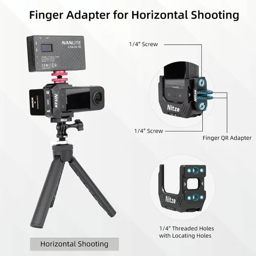 Vista 4 de Nitze Media jaula para Insta360 X3, con agujeros roscados de 1/4" y agujeros de ubicación, zapatas frías dobles y adaptadores de dedo plegables